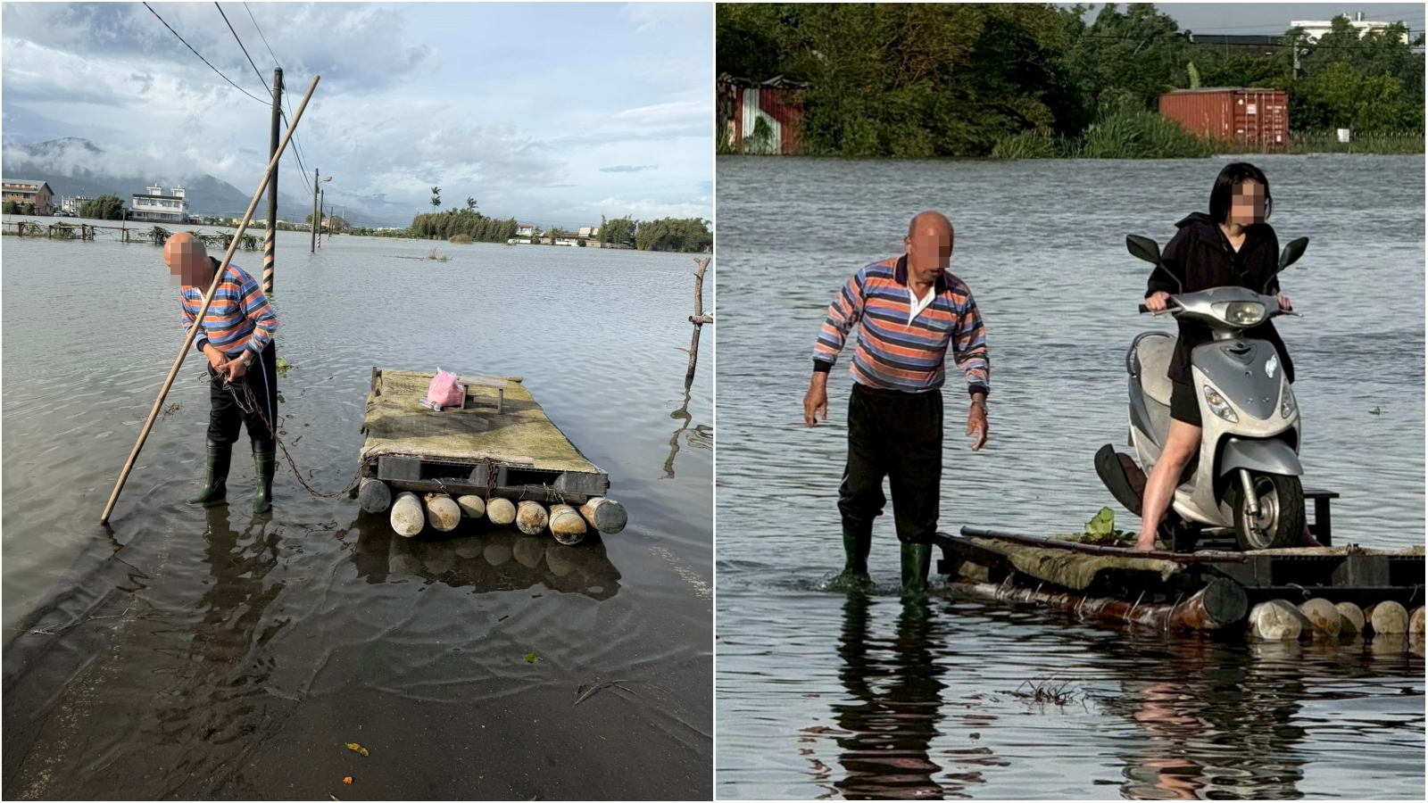 護理師父親協助女兒渡過淹水區，趕往醫院服務病患。（翻攝自五結鄉民代表張亮軒臉書）