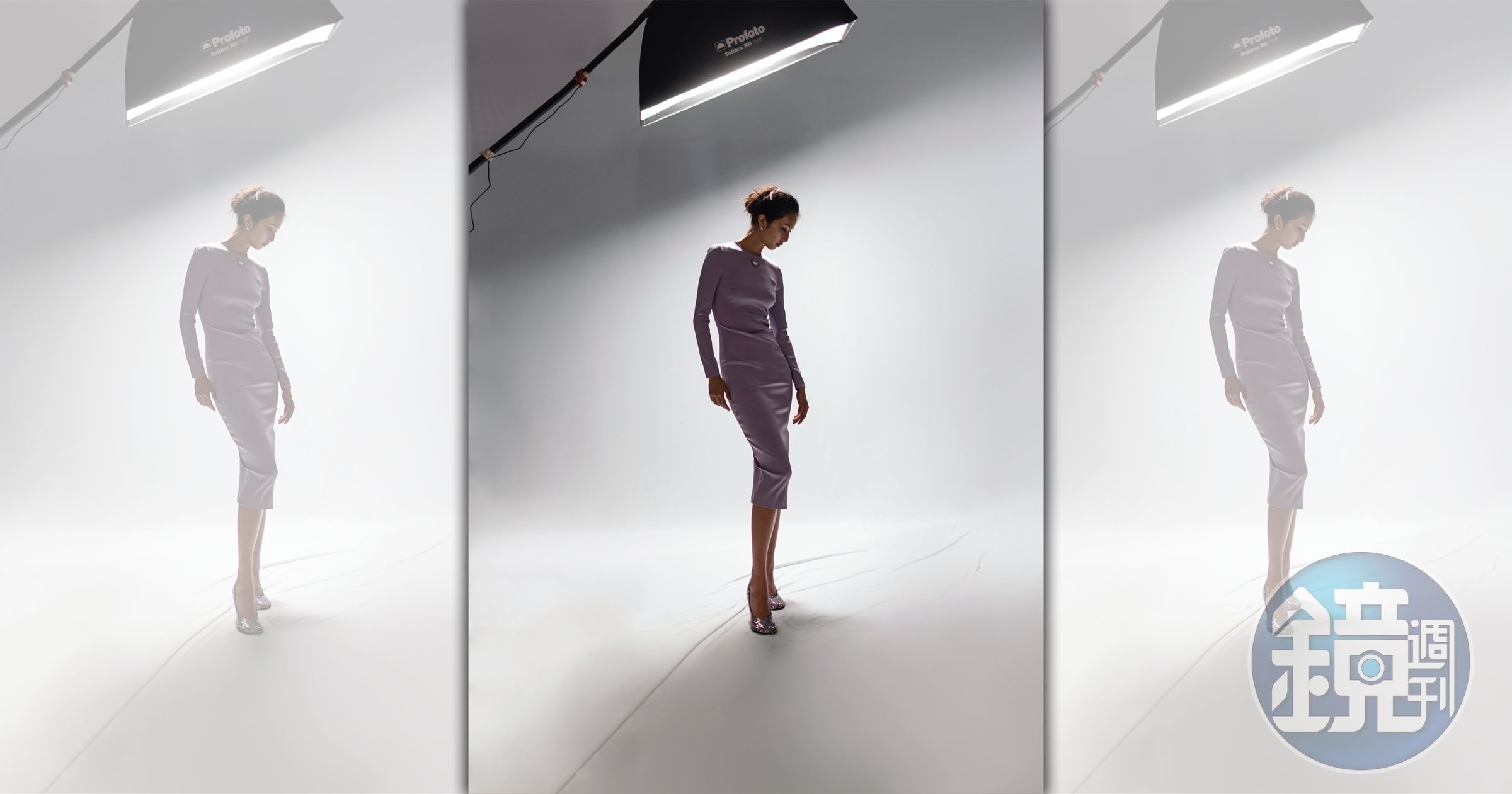 紫色彈性緞面洋裝,NT$130,000,by PRADA;鑽飾高跟鞋,NT$61,000,by LOEWE;銀色紐結耳環,NT$23,000,by LOEWE。