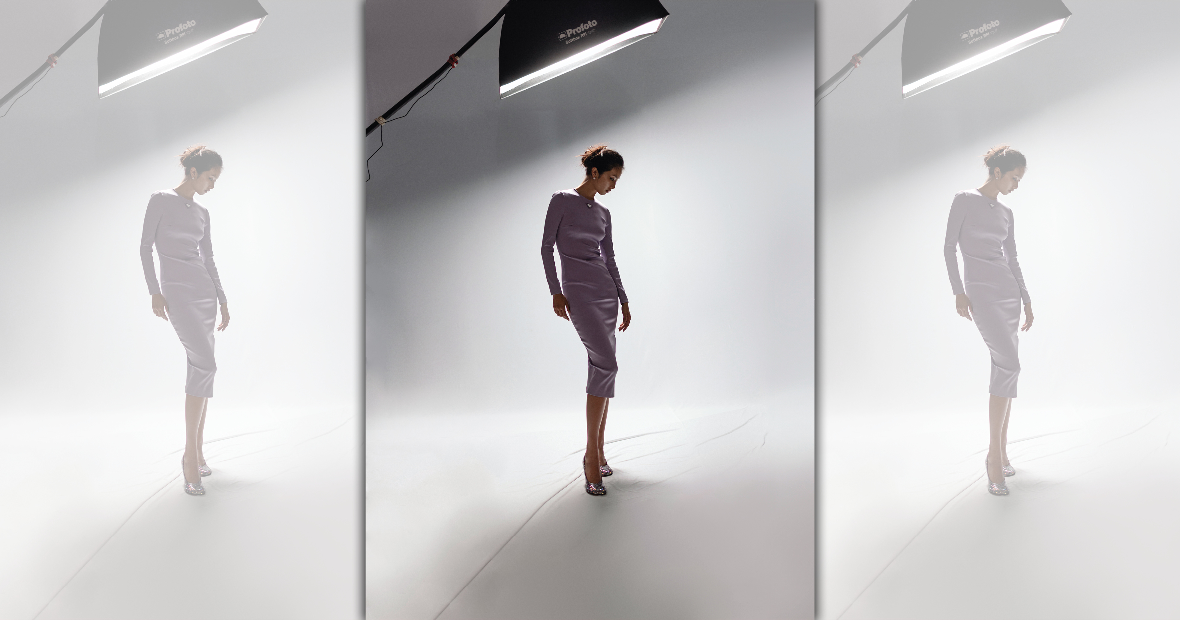 紫色彈性緞面洋裝，NT$130,000，by PRADA；鑽飾高跟鞋，NT$61,000，by LOEWE；銀色紐結耳環，NT$23,000，by LOEWE。