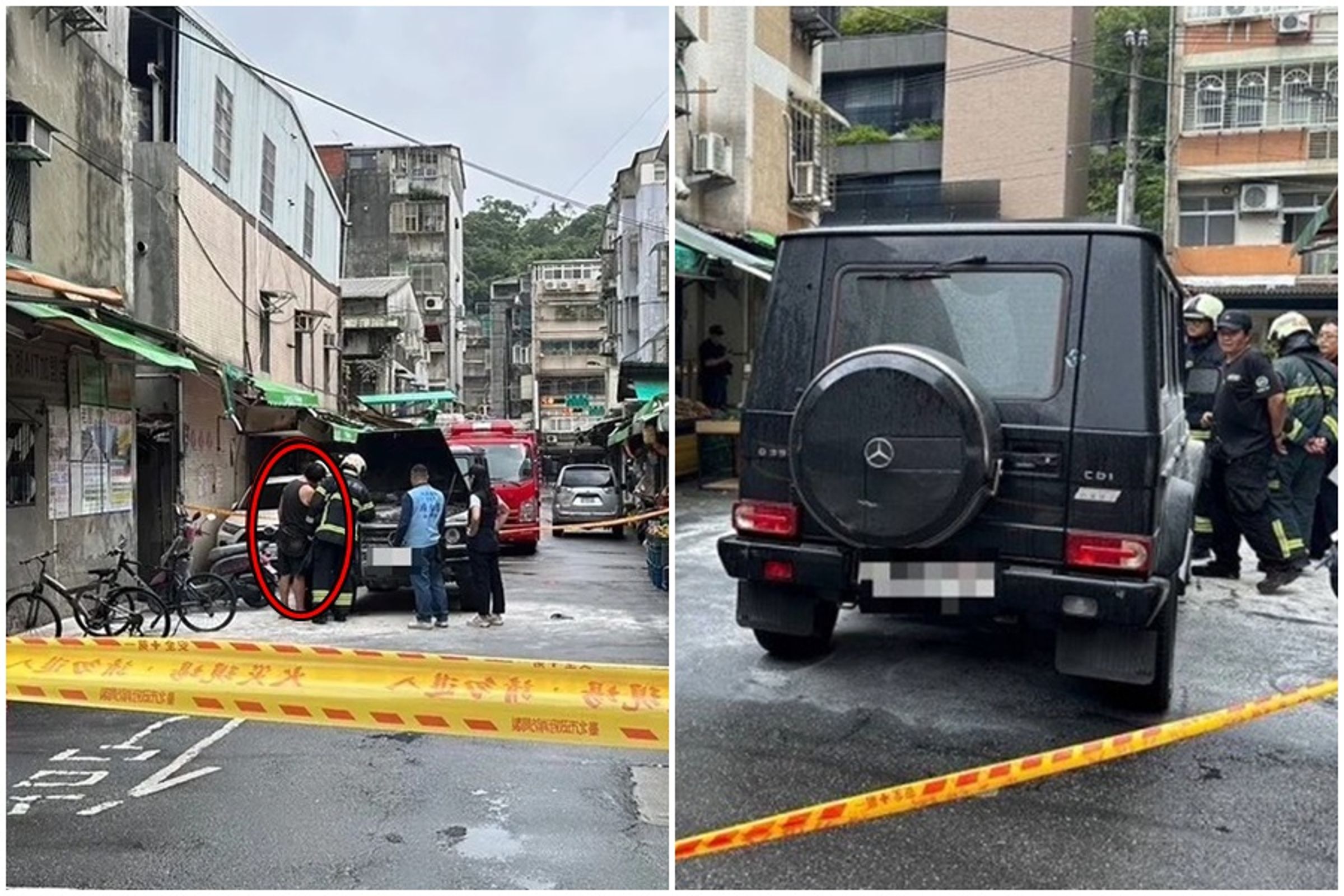 北市內湖一輛賓士G350d突因不明原因起火,事後才知道車主為藝人九孔(紅圈處)。(翻攝畫面)