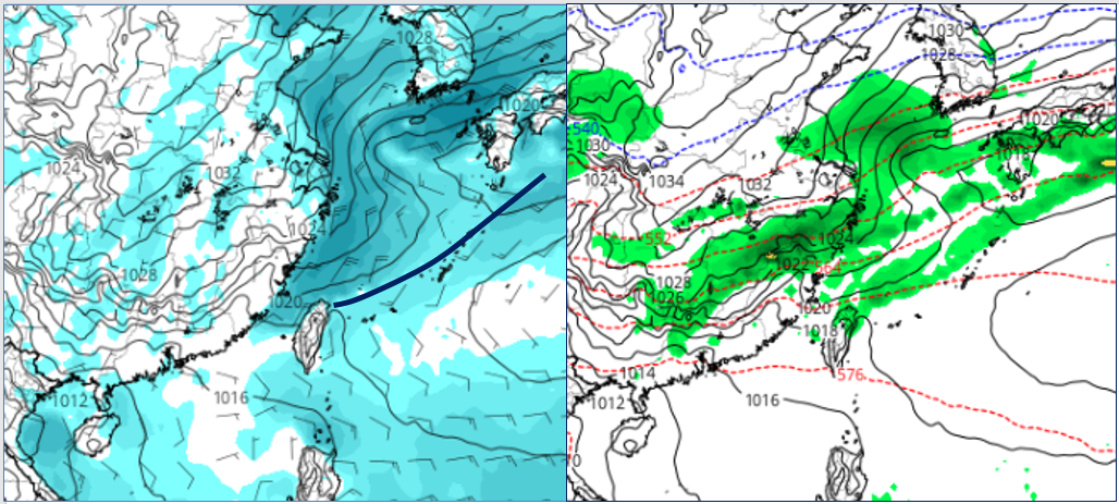 最新歐洲模式,22日20時地面氣壓及風場模擬(左)圖顯示,週四傍晚微弱鋒面掠過、東北季風逐漸南下;22日20時地面氣壓及雨量(右)圖顯示,迎風面有降雨。(翻攝自三立準氣象.老大洩天機/圖擷自tropical tidbits)