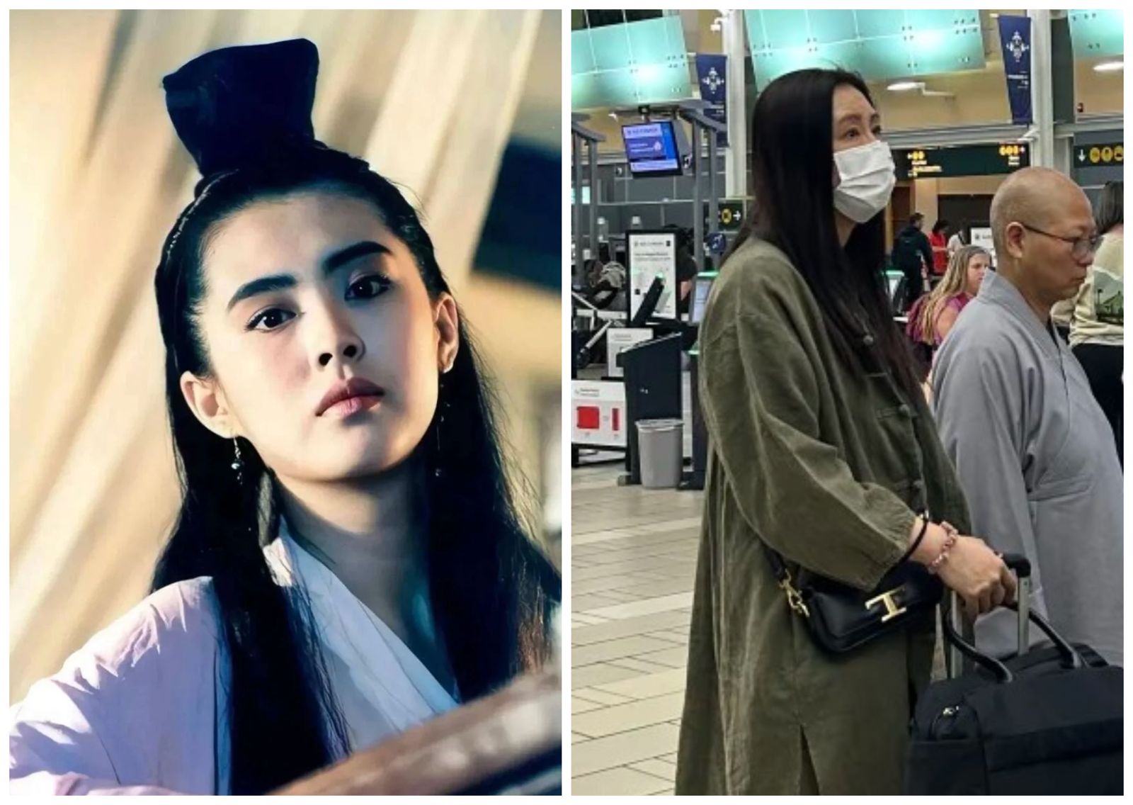 王祖賢過去演出《倩女幽魂》的聶小倩,深植人心(左圖),近日在溫哥華機場被粉絲捕獲(右圖)。(翻攝小紅書)