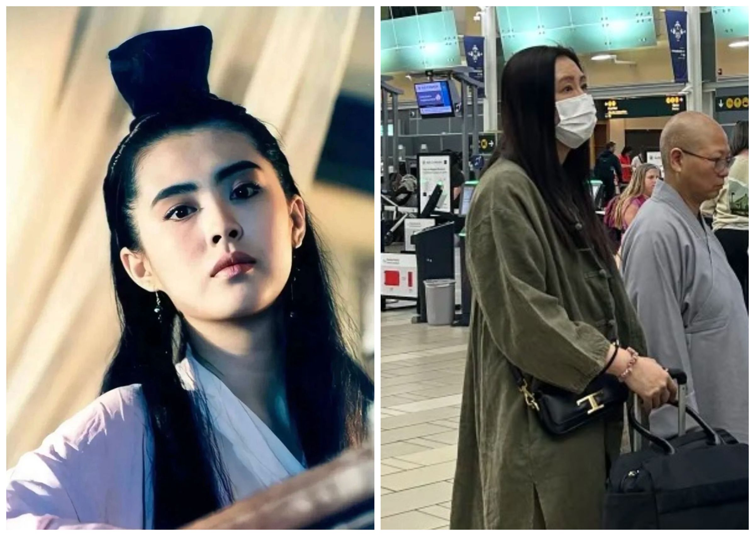 王祖賢過去演出《倩女幽魂》的聶小倩，深植人心（左圖），近日在溫哥華機場被粉絲捕獲（右圖）。（翻攝小紅書）