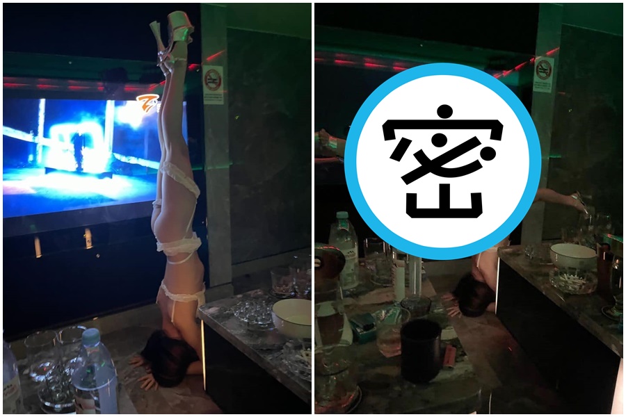 酒店妹包廂內倒立劈腿的畫面，引起網友熱烈討論。（翻攝自「爆廢公社二館」）