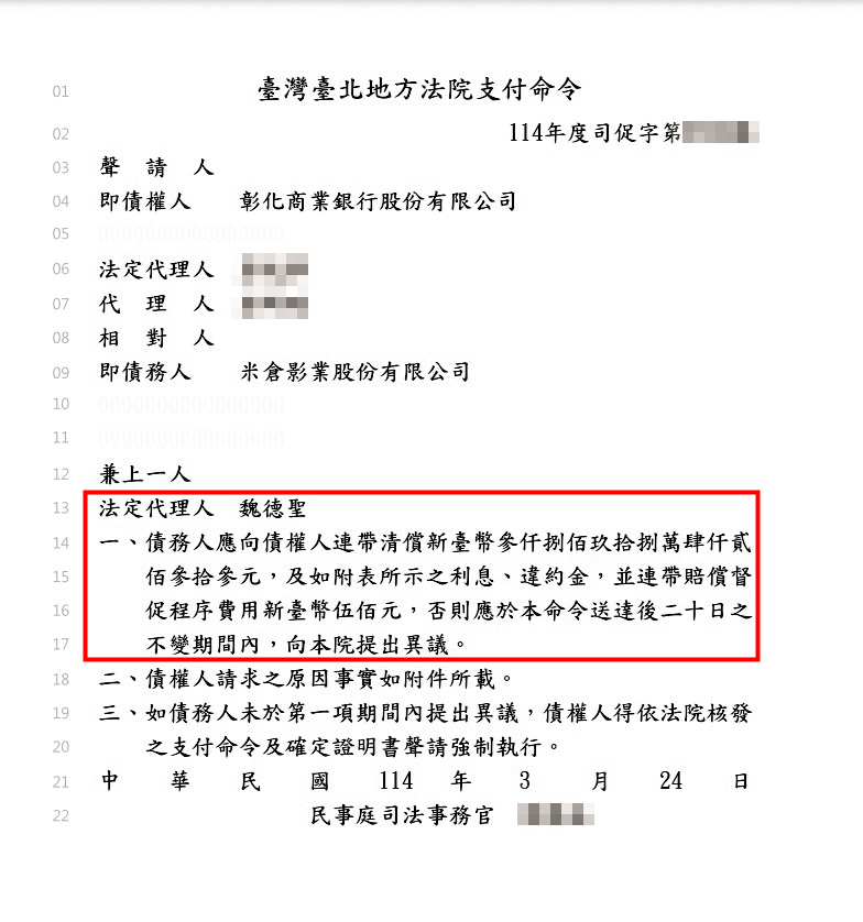 根據法院 判決系統顯示,今年3月魏德聖被彰化銀行追討近4,000萬元,宛如跳不出債務紀錄的黑洞。(翻攝自司法院判決書系統)