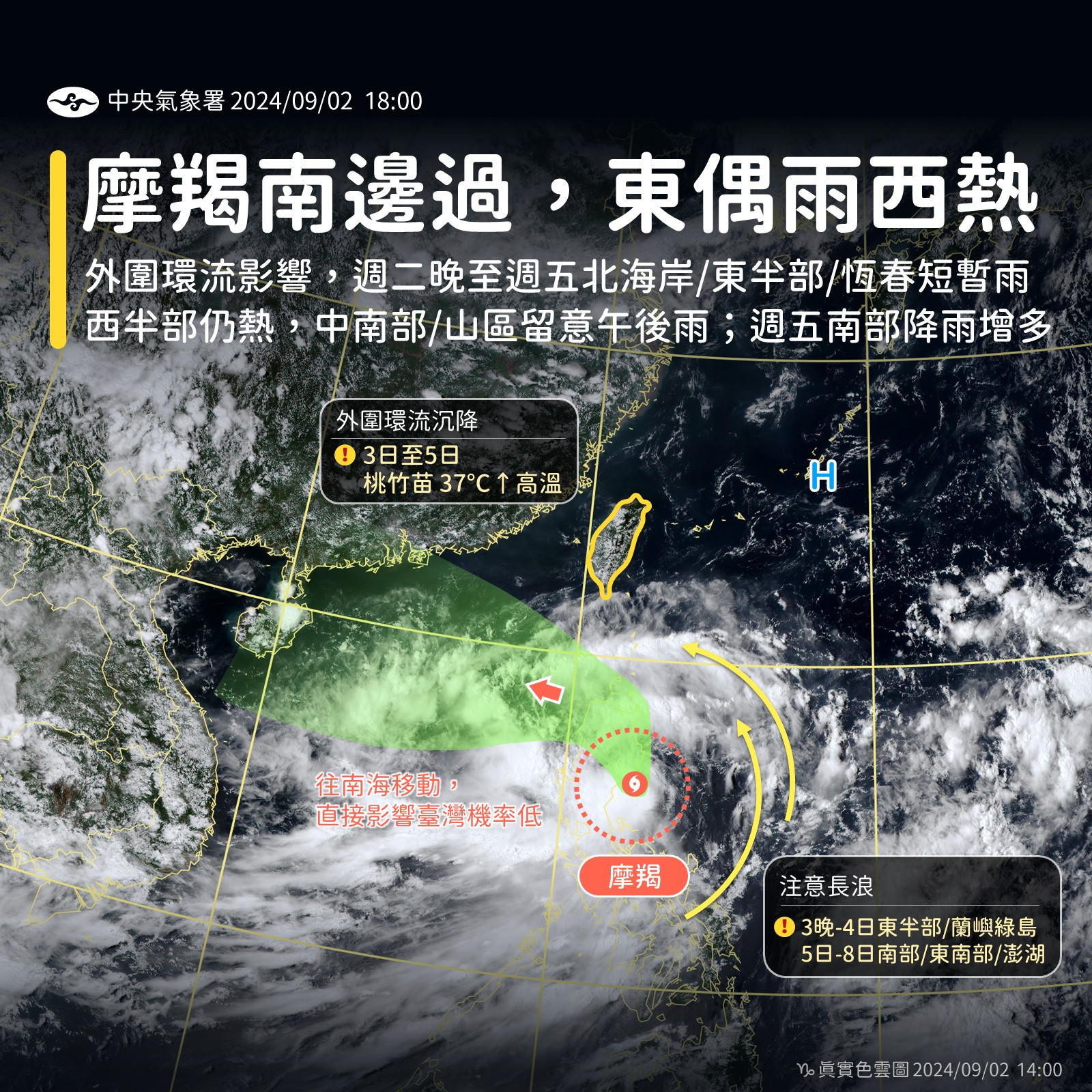 受摩羯外圍環流影響,3日至5日桃竹苗地區將出現37度以上高溫。(中央氣象署提供)