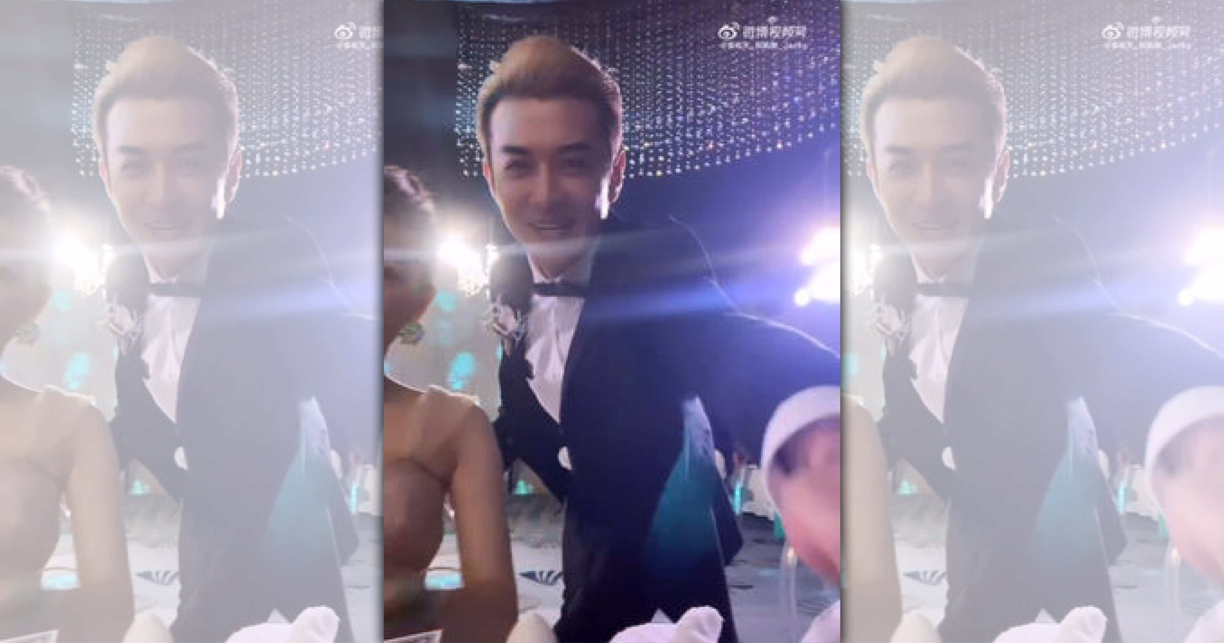 祝釩剛喝喜酒與正妹合影。（翻攝自祝釩剛微博）