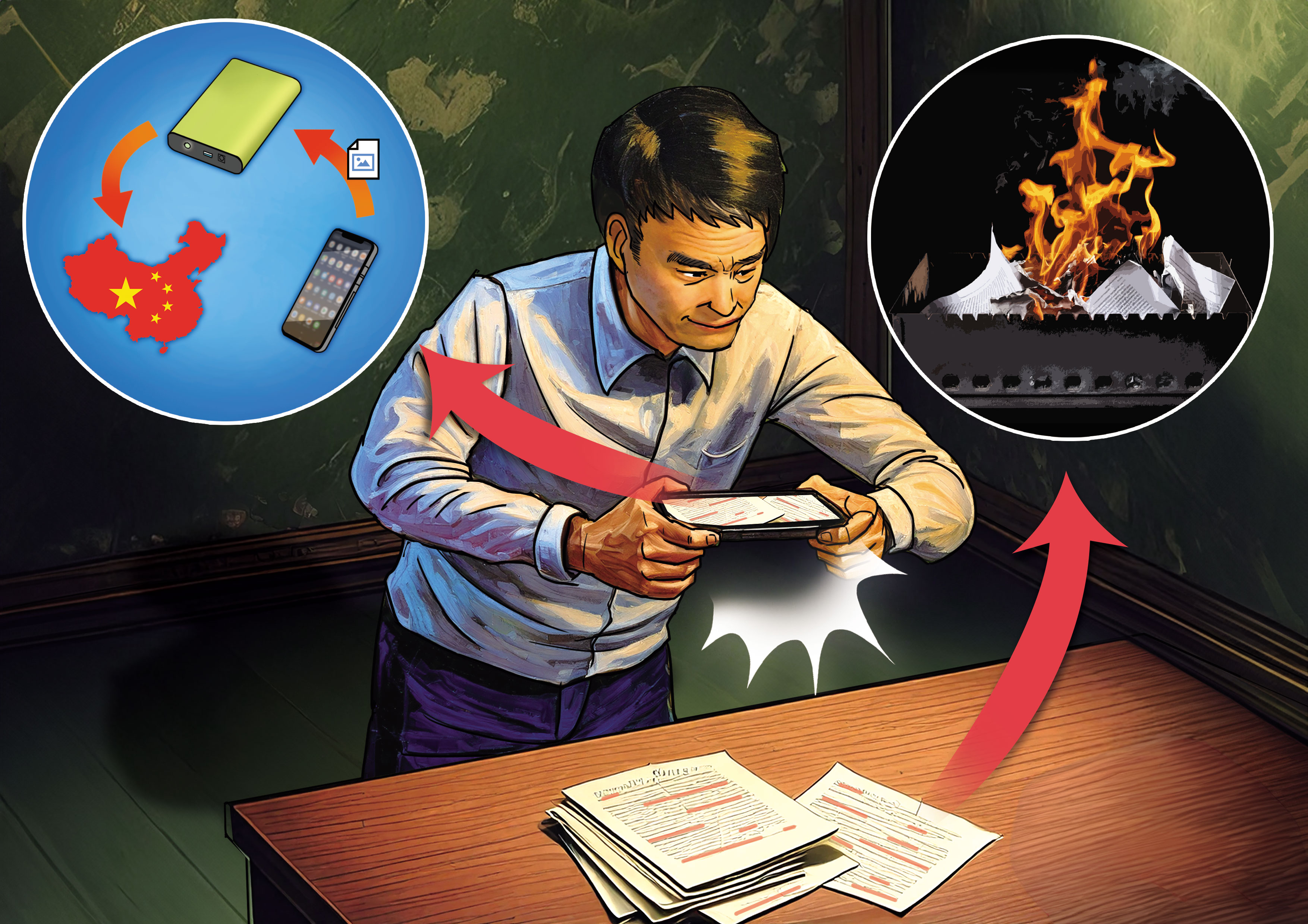 史濬程（圖）將許展誠提供的機密紙本文件拍照後，存入隨身碟，再銷毀紙本。（示意畫面，AI繪圖Adobe Firefly生成，本刊美術組後製）