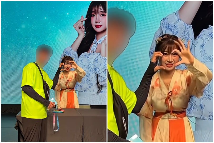 李珠珢合影粉絲面露嫌棄表情引起網友討論。（翻攝自내맘찍영 YT頻道）