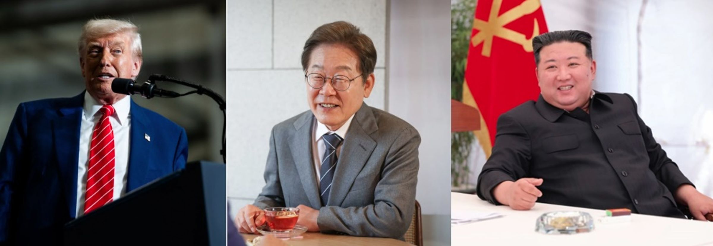 美國總統川普(左)驚句連發,先說想跟北韓領導人金正恩(右)見面,又和南韓總統李在明(中)說「駐韓美軍土地應歸美」(翻攝自flickr@The White House、臉書@이재명、朝中社)