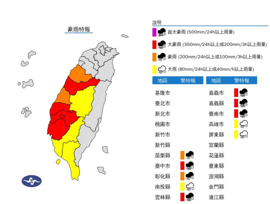中南部10縣市慎防豪雨甚至豪大雨等級降雨。（翻攝氣象署官網）