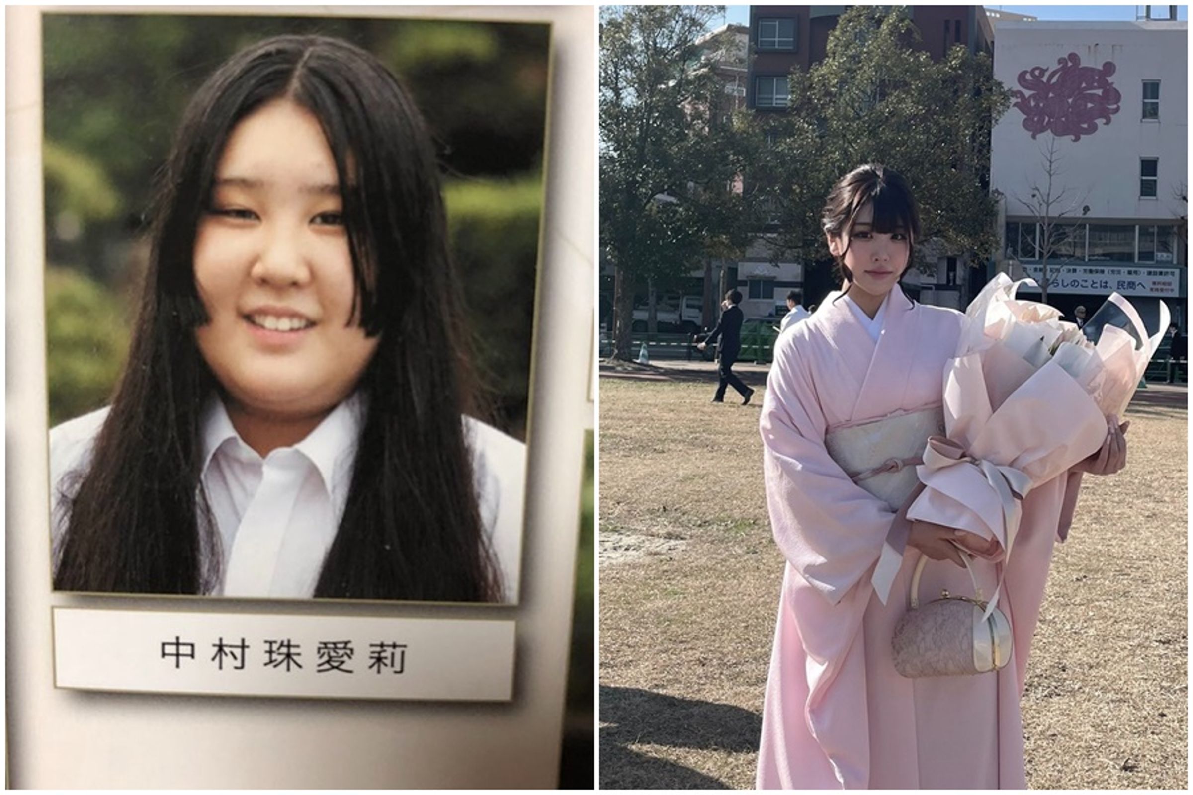 日本網友中村珠愛莉女大十八變,瘦身前後對比照引起討論。(翻攝@9ninecat_ X)
