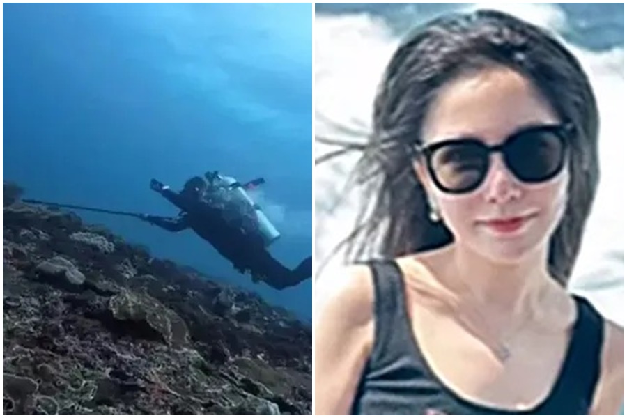 中國一名女潛水員張曉涵潛水時，為了撿GoPro運動相機，不幸陳屍在87公尺深海裡。（翻攝畫面）