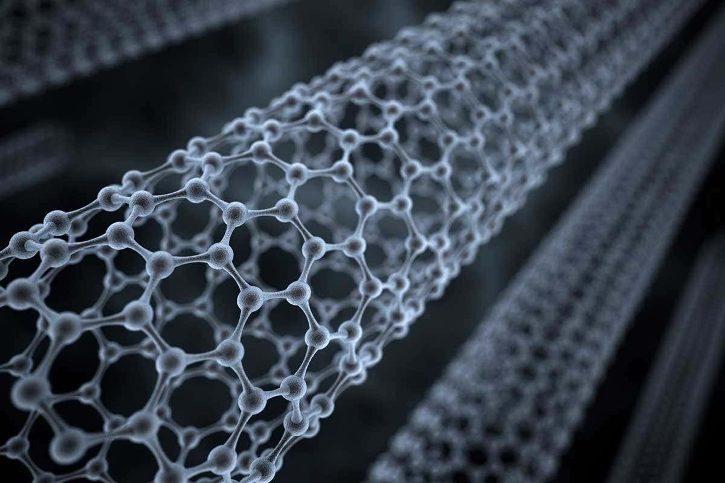 中空圓筒狀碳材「奈米碳管（Carbon Nanotube, CNT）」由石墨烯片捲成，直徑約 0.4~100 奈米。