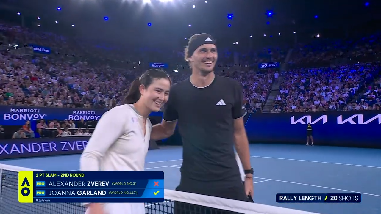 喬安娜爆冷擊敗當今世界第3的茲維列夫。（翻攝 Australian Open YouTube頻道）