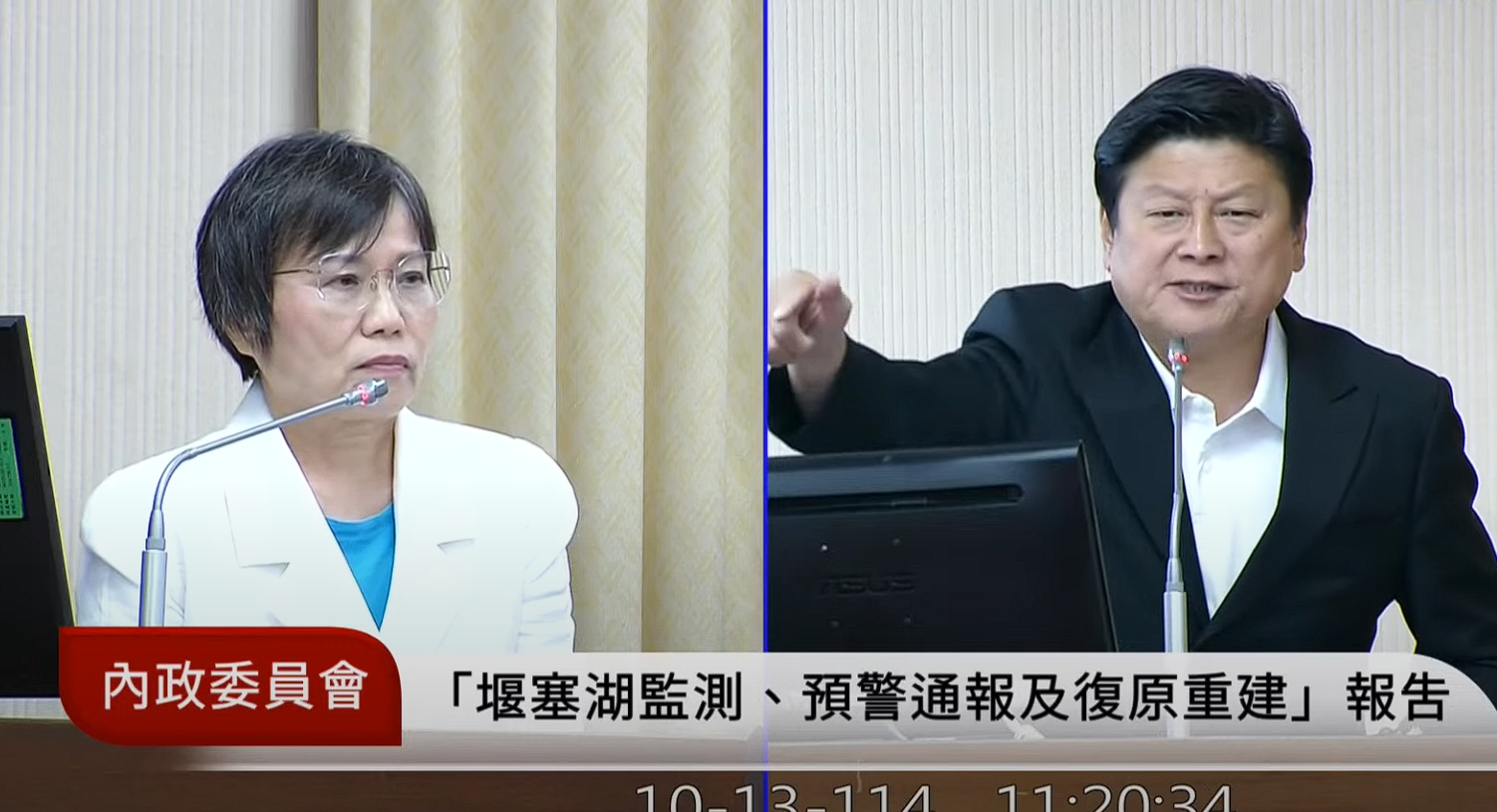 傅崐萁13日在內政委員會質詢劉世芳，稱撤離單位是鄉鎮市公所，引發砲轟。（翻攝自國會頻道）