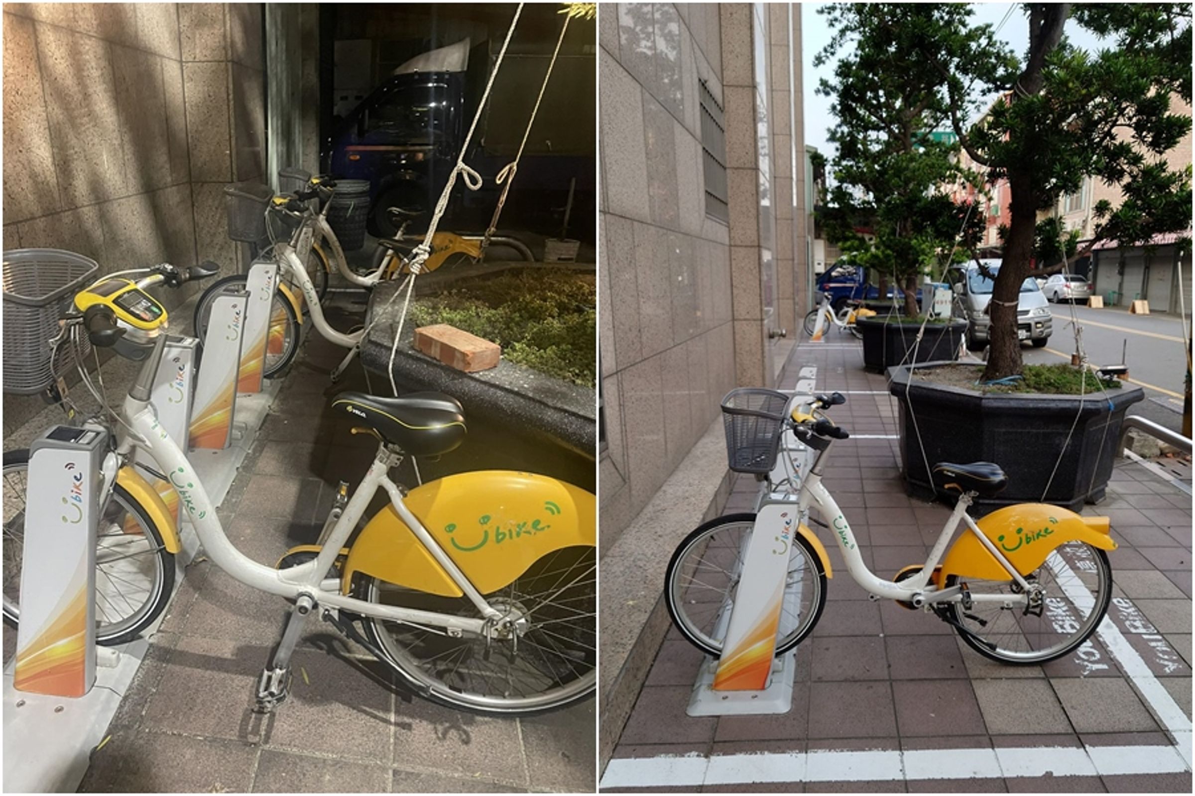 有網友發現后里區農會的YouBike站點有個大盆栽,擋住車柱讓騎士無法還車。(翻攝自路上觀察學院)