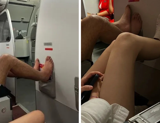 一名網友分享日前搭機回台時，坐在旁邊的台灣旅客「把腳掛在第一排的牆上」。（翻攝自爆料公社）