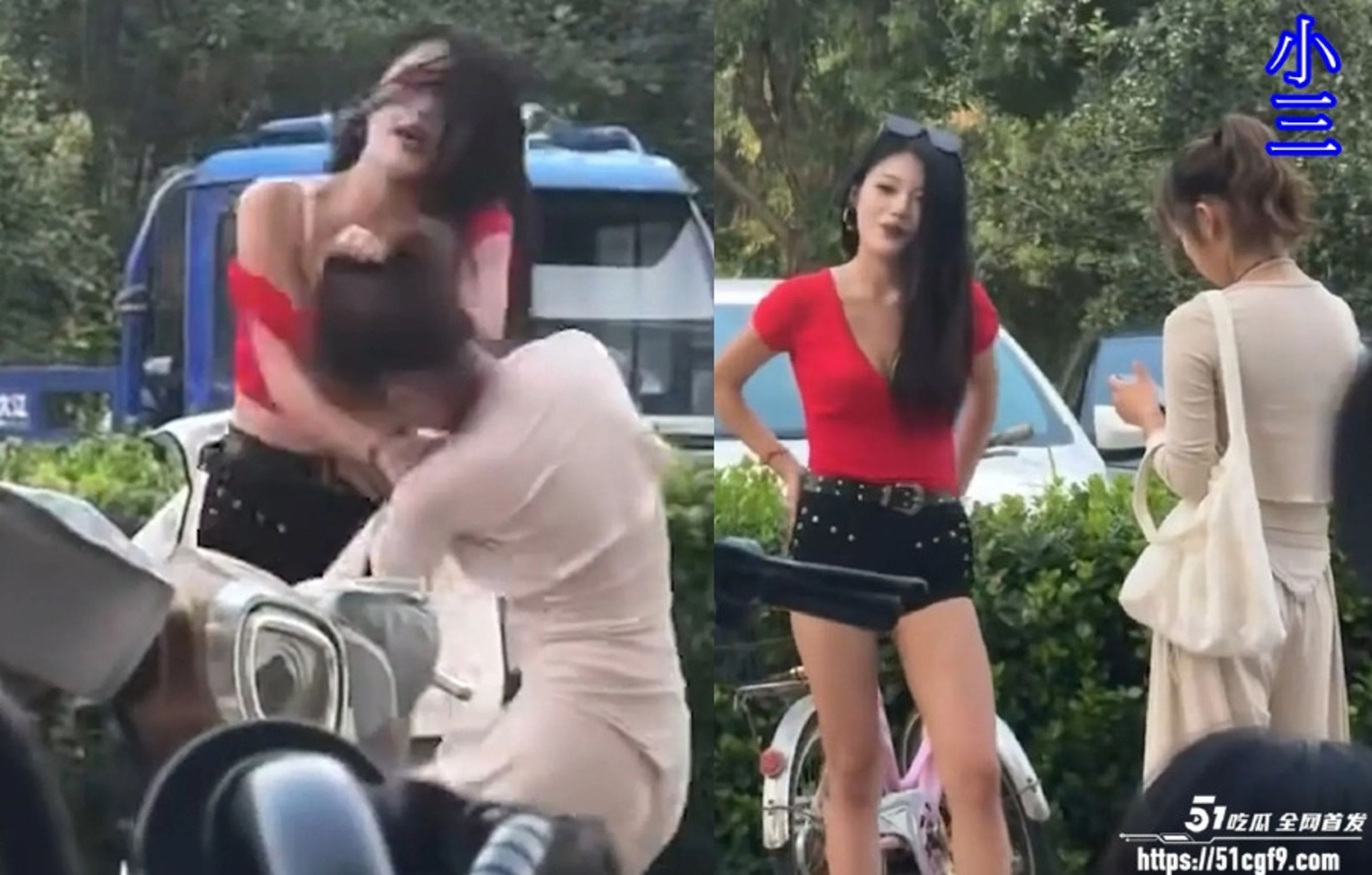 中國一名網美事先在抖音預告將開打小三,隨後被網友街頭直擊與小三扭打。(翻攝吃瓜網)