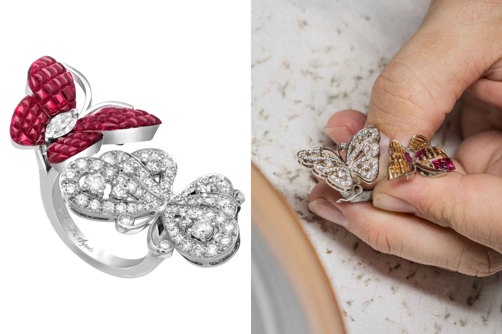 梵克雅寶 Van Cleef & Arpels Signature 高級珠寶系列 Flying butterfly Between the Finger 戒指;18K白金、18K玫瑰金,搭配傳統頂部拋光隱密式鑲嵌紅寶石與鑽石。參考價格NT$ 12,500,000。