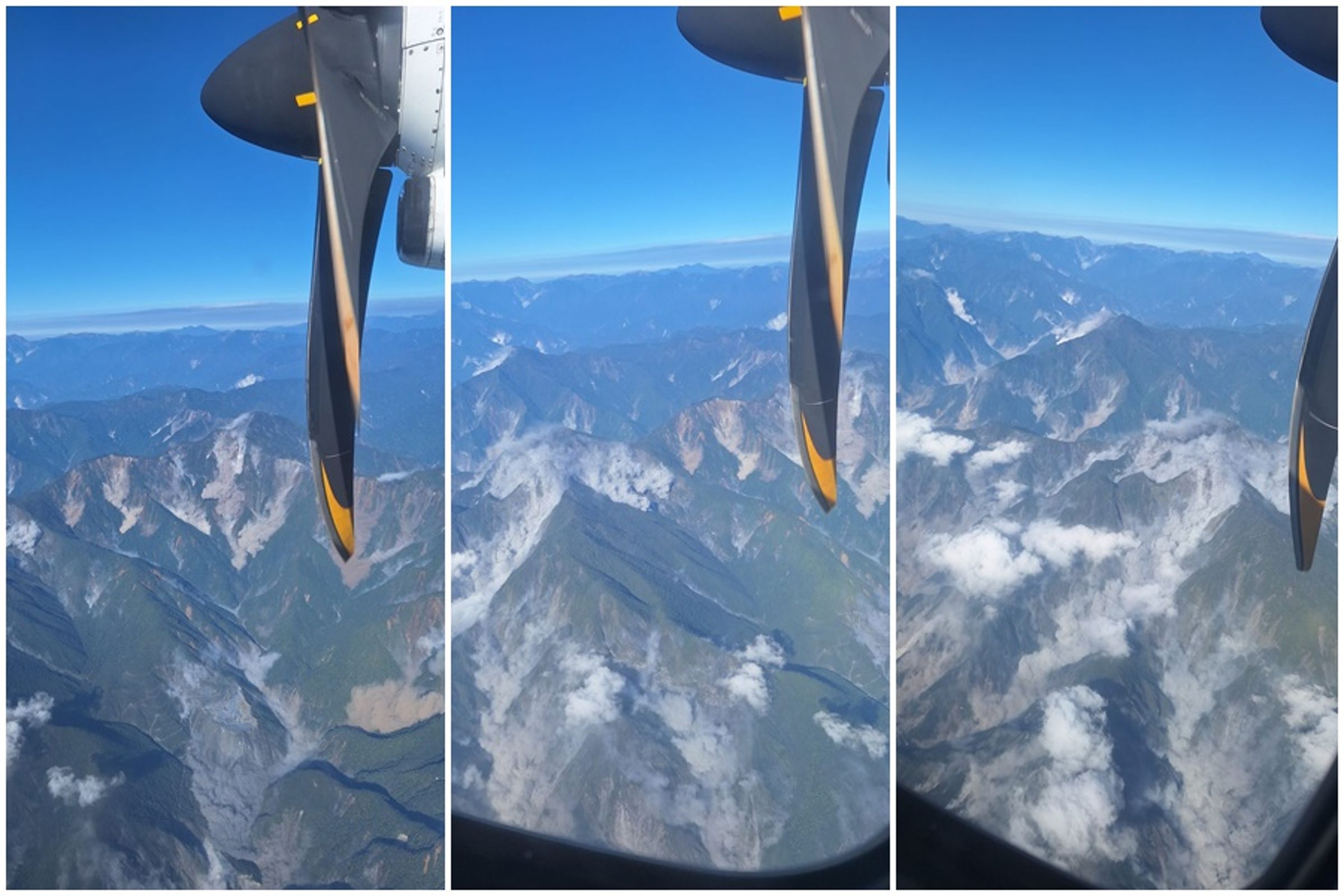 3日上午地震當下,一位在空中的旅客拍攝下方山群山崩的瞬間,畫面引起網友熱議。(翻攝自臉書社團「爆料公社」)
