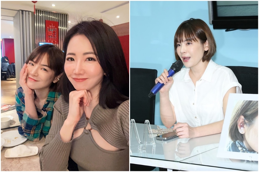 陳沂年前遭不明男子當街毆打召開記者會說明（右圖）；閨密謝忻（左圖右）說陳沂現在對拍照有PTSD。（左圖翻攝自謝忻臉書）