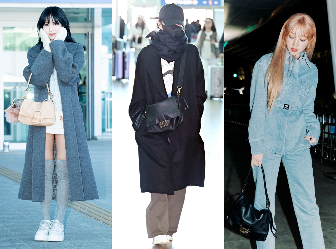 Mina（左起）、宋慧喬、宋雨琦，分別自機場出發要去米蘭時裝周欣賞FENDI大秀。（FENDI提供）