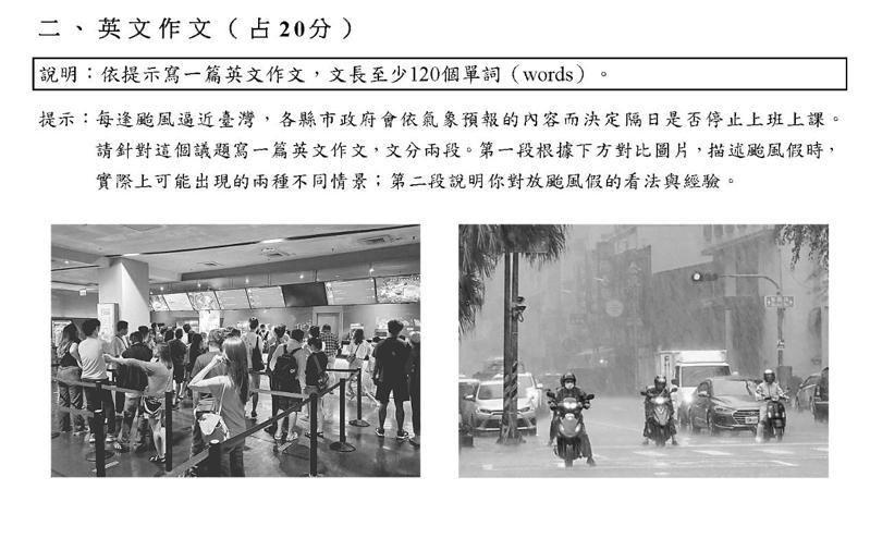 本年度學測英文科作文題目以颱風假為題。（翻攝大考中心）