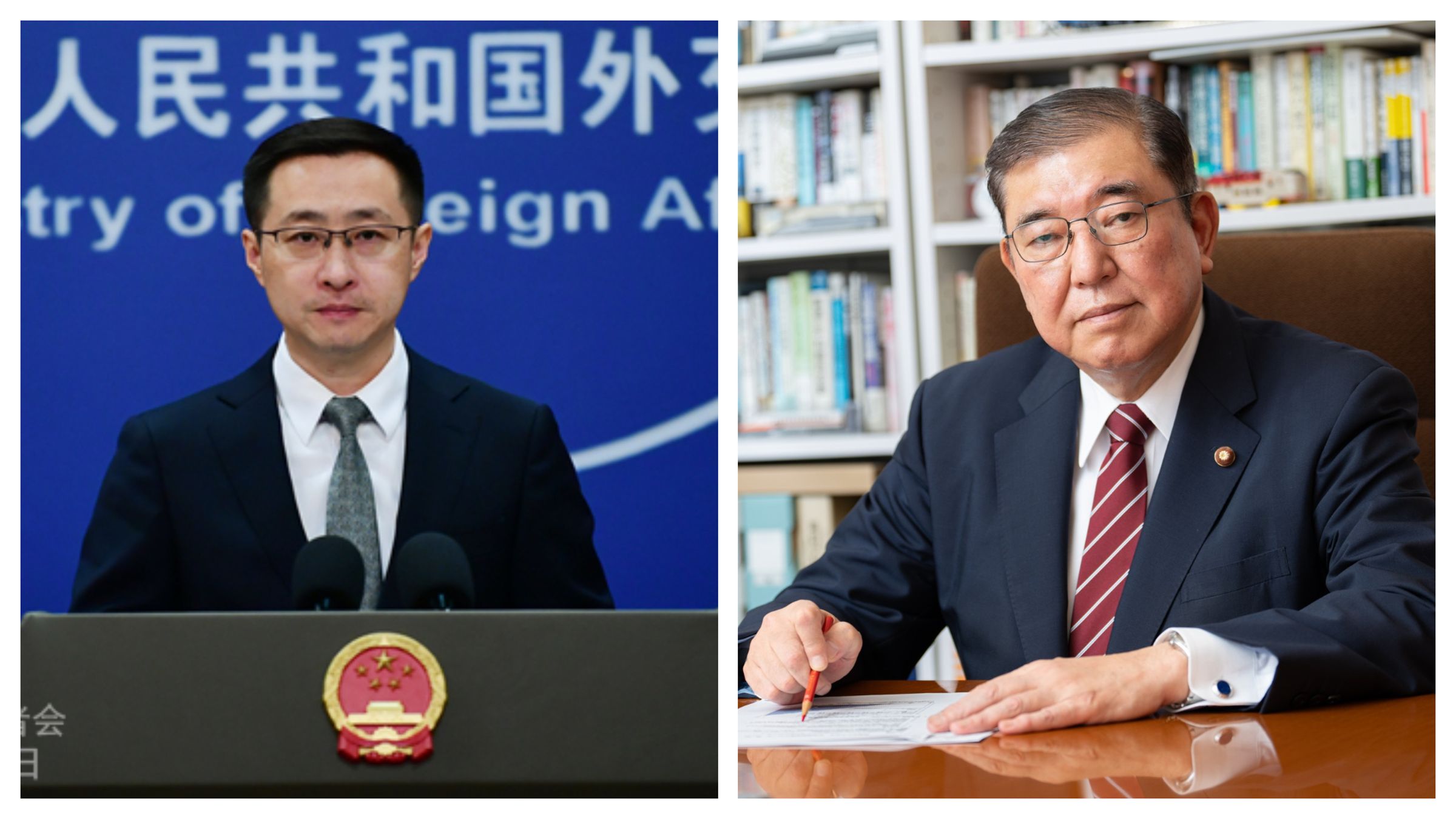 中國外交部發言人林劍(左)稱深圳男童案為「個案」,日本準首相石破茂表達不滿。(翻攝自中國外交部官網、臉書@Shigeru Ishiba )