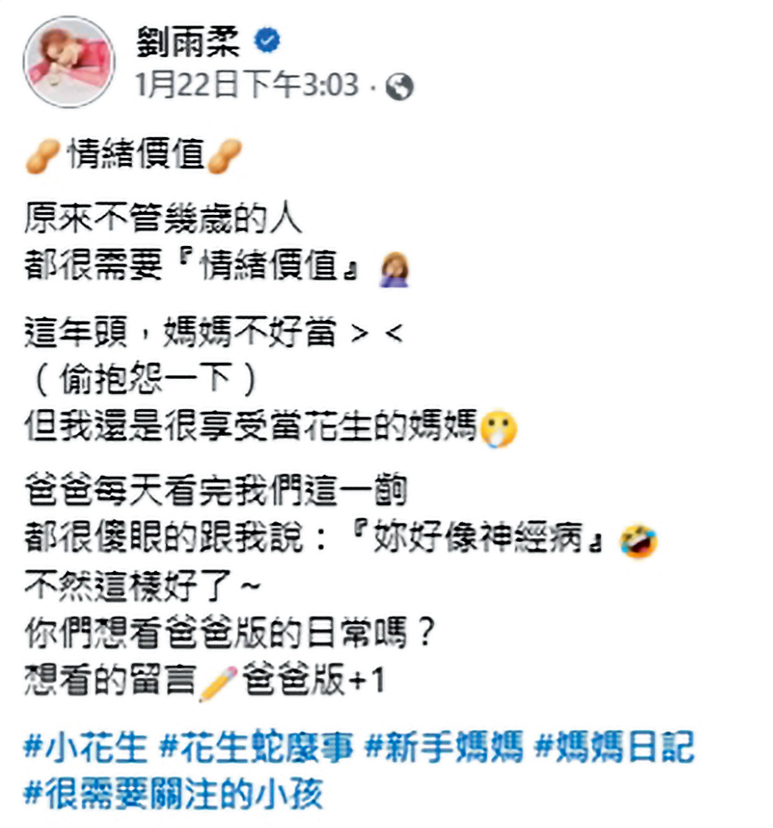 劉雨柔在社群分享心情,透露自己很需要情緒價值,但老公卻說她像「神經病」。(翻攝自劉雨柔臉書)