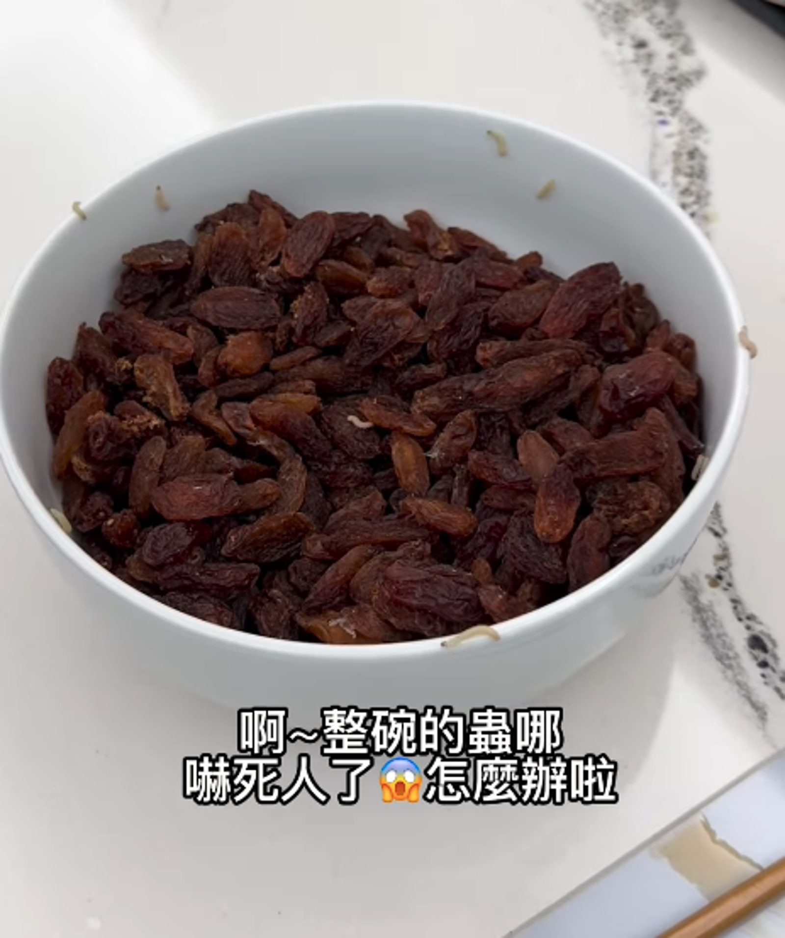 徐薇把整包果乾倒出，發現有更多小蟲。（翻攝自IG）