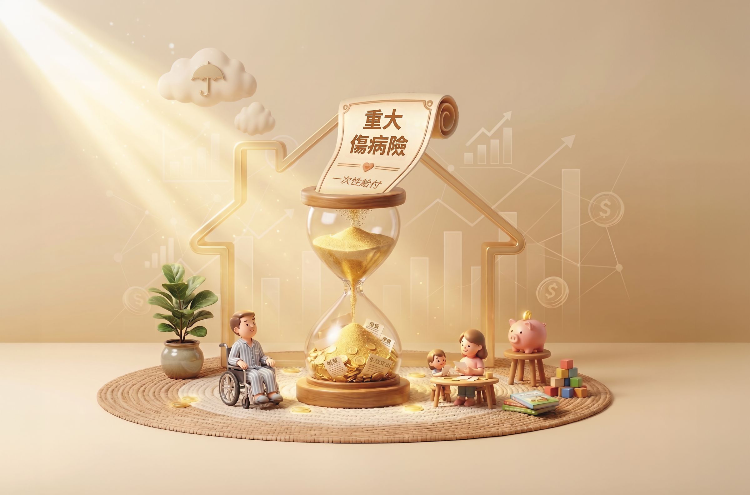 保險應「保大不保小」，著重能一次給付大筆金額的重傷險，可支撐家庭度過艱難時刻。（AI繪圖magnific生成，本刊美術組後製）