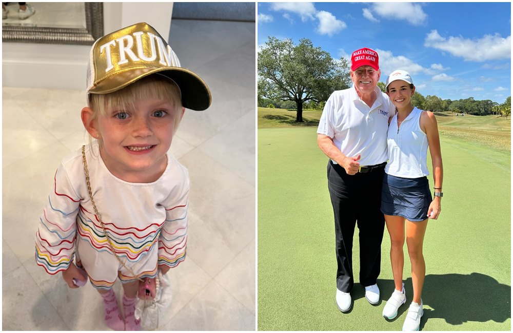 川普的孫女卡羅琳娜（左圖）戴上川普的競選帽子，凱亞（右圖右）則貼出與爺爺的合照助陣。（翻攝laraleatrump IG、kaitrumpgolfer IG）