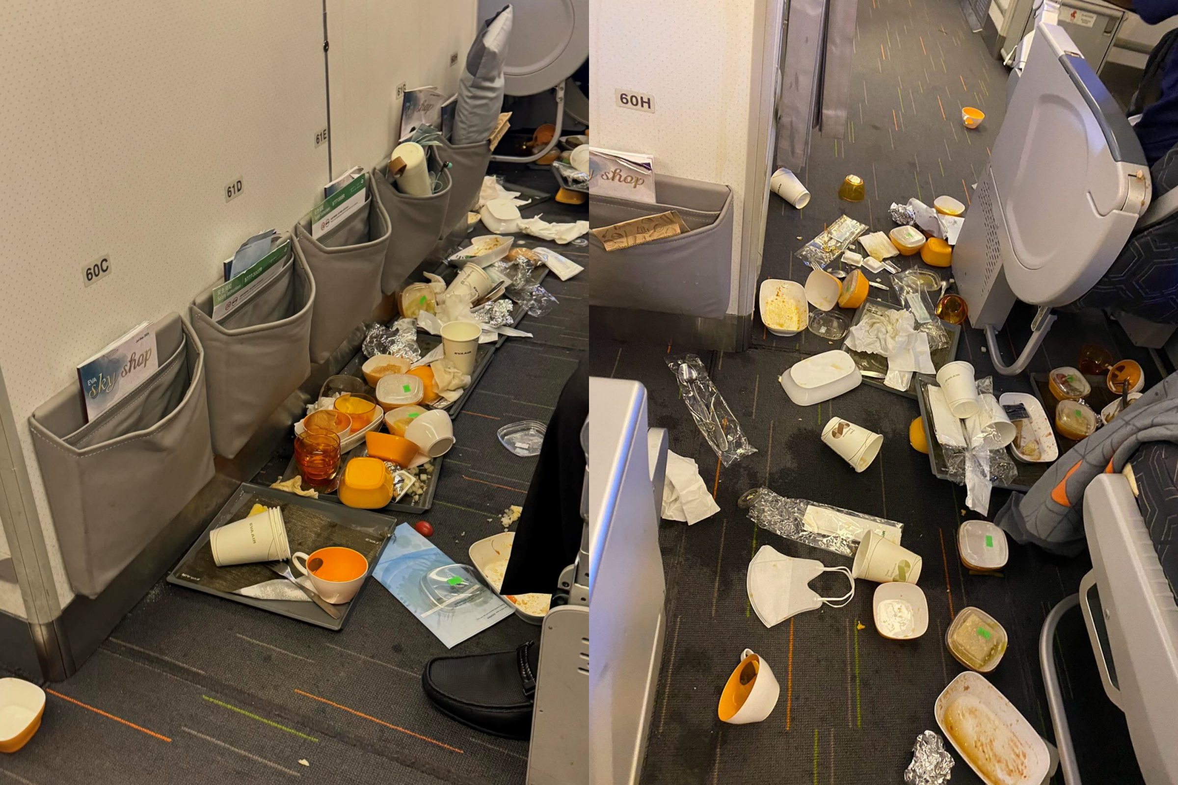 長榮航空昨日一架自雅加達飛往台北的班機遇上亂流，飛機餐散落一地。（翻攝threads@cth9718）