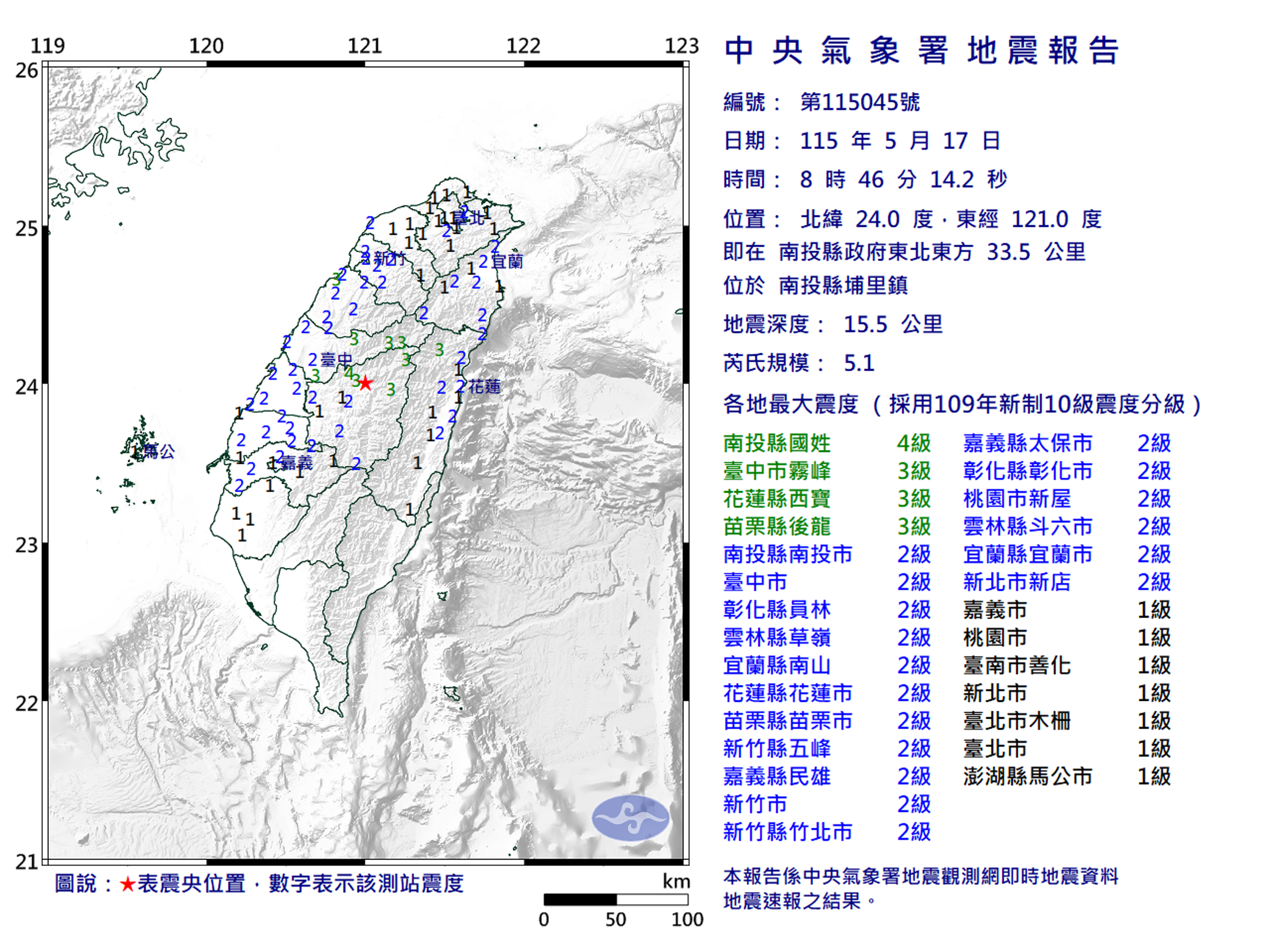 今日上午8點46分,南投縣埔里鎮發生芮氏規模5.1地震。(氣象署提供)
