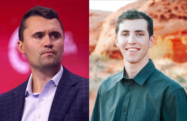 美國保守派評論員查理·柯克（左圖）遭槍殺身亡，案件引發美國社會與國際輿論震動。右圖為22歲嫌疑犯泰勒·羅賓森。（翻攝自X）