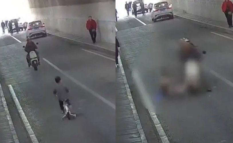 4歲男童騎單車在城隧道內被電單車迎面撞擊，重摔昏迷，造成鼻骨骨折、頭部多處擦傷。（翻攝自微博）