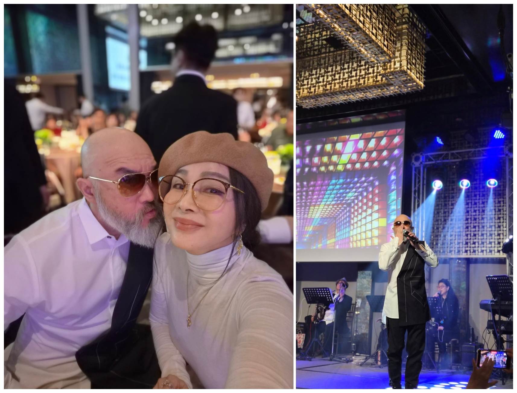 辛龍與陳美鳳貼臉自拍，神情輕鬆。陳美鳳也捕捉他台上演出的身影。（陳美鳳臉書）
