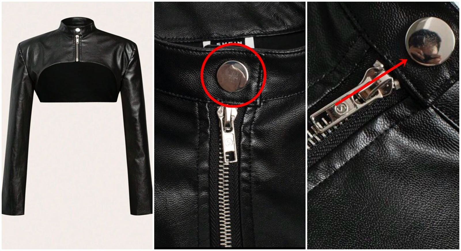中國快時尚品牌「SHEIN」官網上的一件皮衣，竟有裸男反射在金屬鈕扣上。（圖／鏡週刊提供）