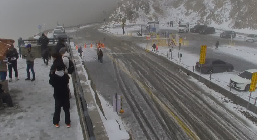 武嶺亭頻頻有追雪的遊客拍照、捕捉美景。（交通部公路局即時影像監視器）