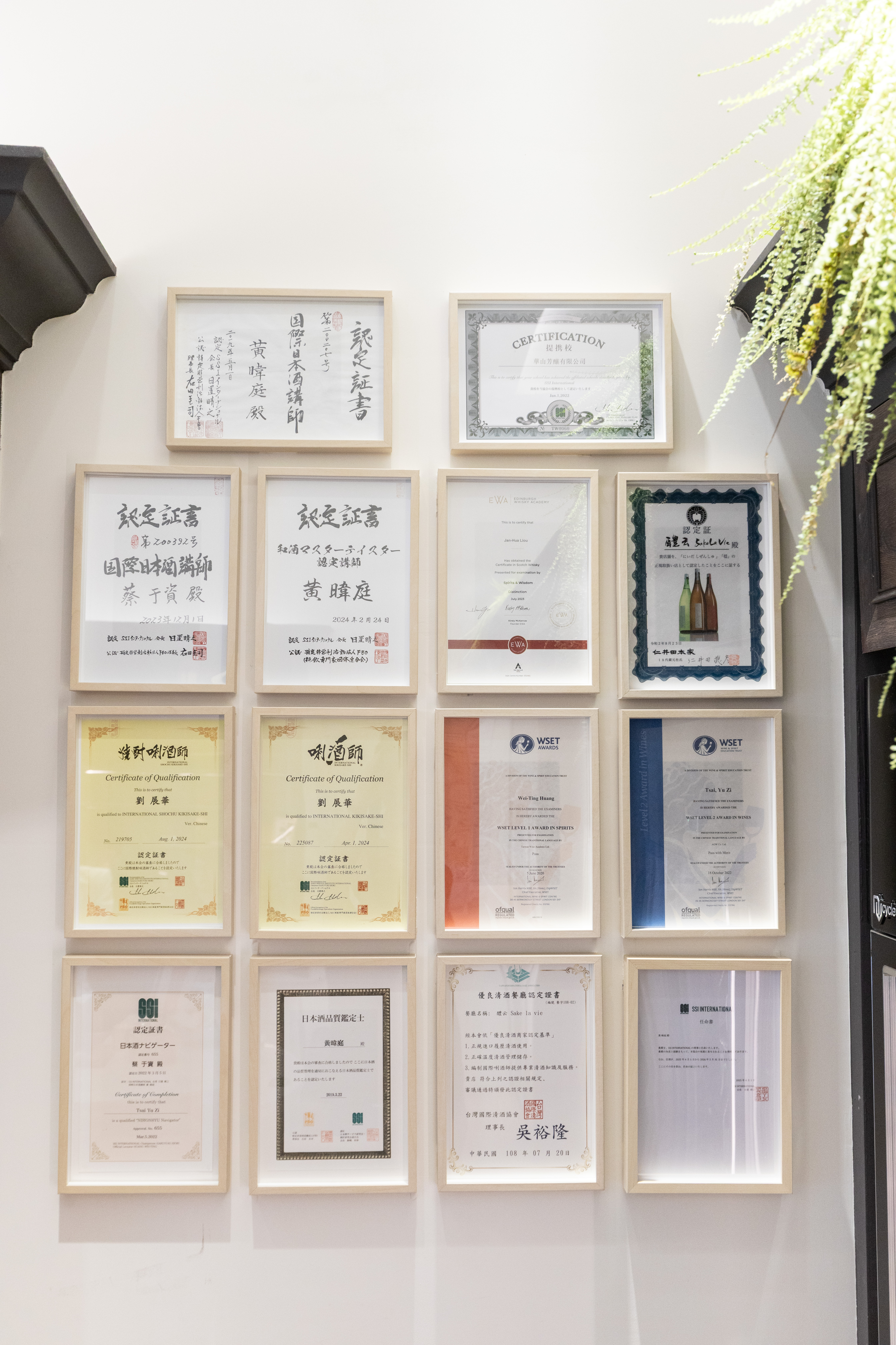 在黃暐庭主理的醴云SAKE LA VIE牆上，掛了許多黃暐庭與唎酒師們的專業證書。