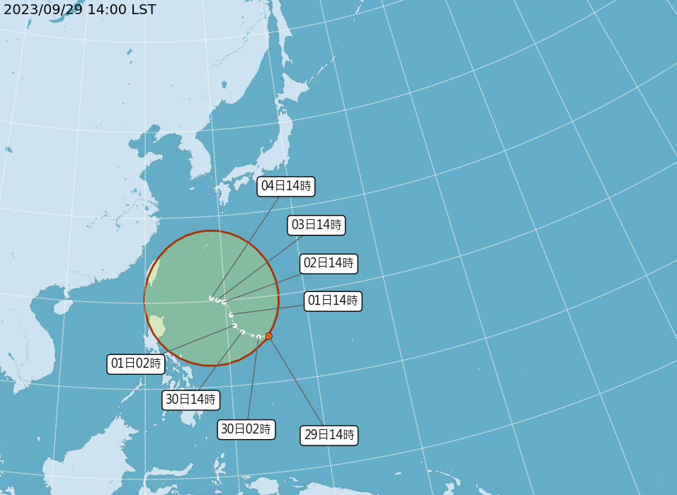 目前位於太平洋地區有1個熱帶性低氣壓,有望生成颱風「小犬」。(中央氣象署提供)