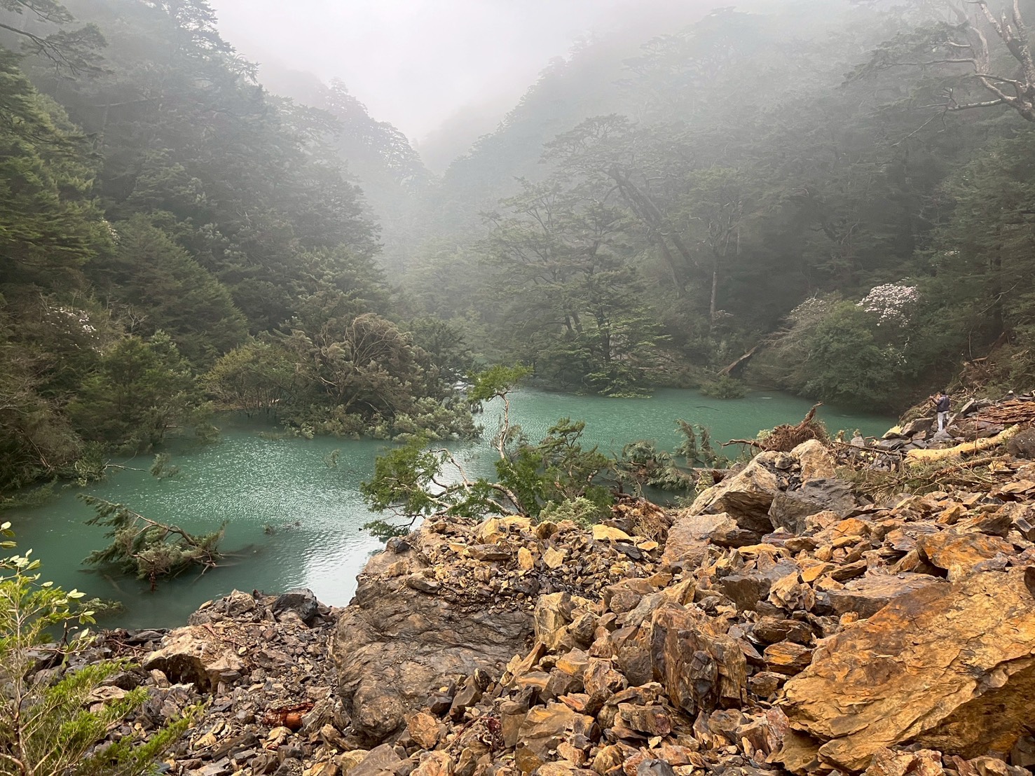 受清明連假豪雨影響，南投仁愛鄉合歡溪步道發生邊坡崩塌，上游形成新生堰塞湖。（林保署台中分署已提供）