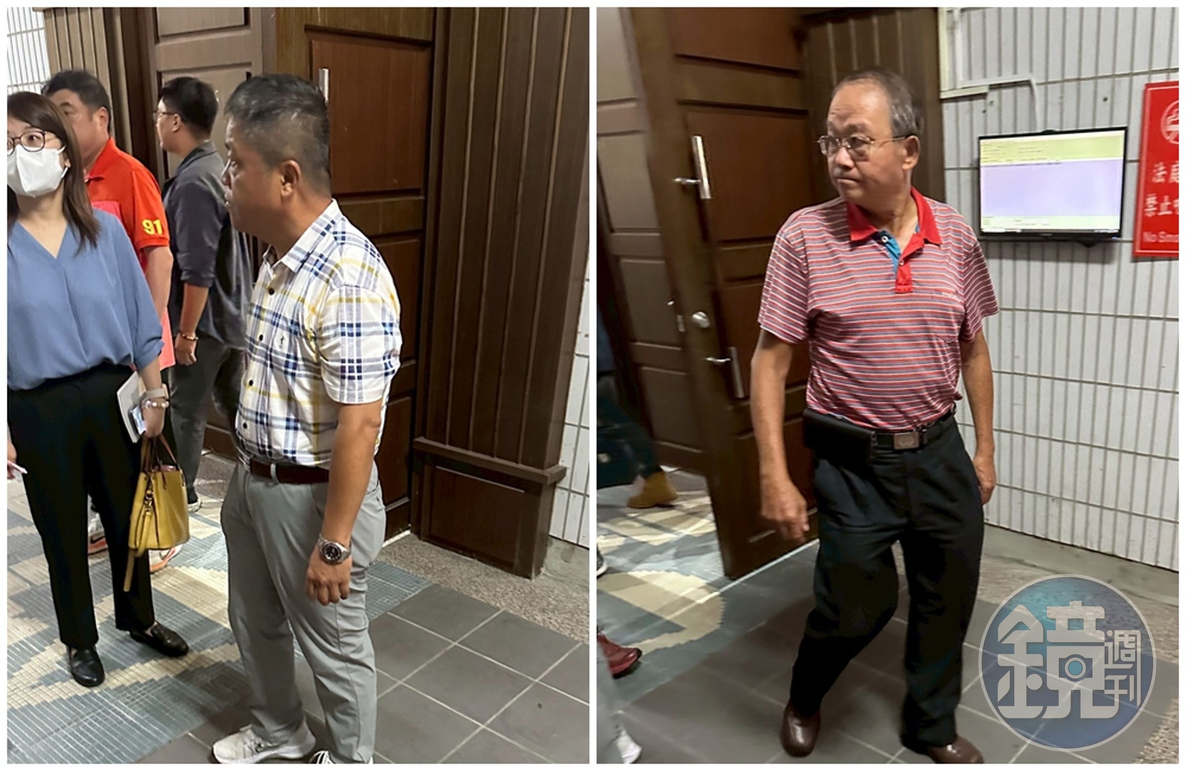 國民黨台中市黨部書記長陳劍鋒(右)到庭認罪,國民黨台中市黨部第一組總幹事伍康龍(左圖右一)也認罪。