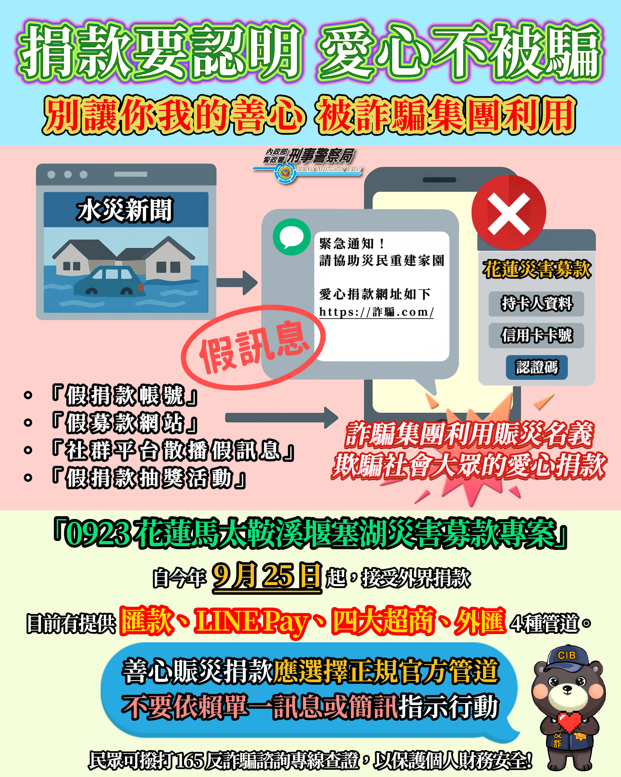 刑事警察局呼籲民眾善心賑災捐款，應選擇正規官方管道。（刑事局提供）