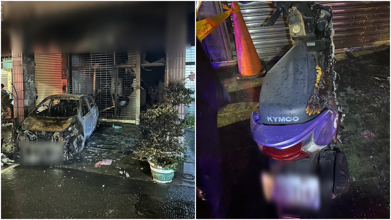 高雄鳳山一間民宅一樓遭街友縱火，汽車遭燒毀。（鳳山分局提供）