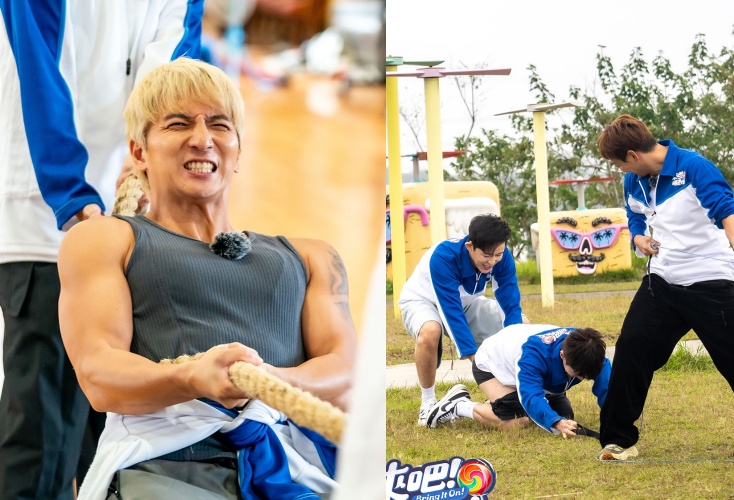 小煜（左圖）在個人拔河機訓練時露出「凶肌」，阿本（右圖中）則不慎被敖犬（右圖左）脫褲。（TVBS提供）