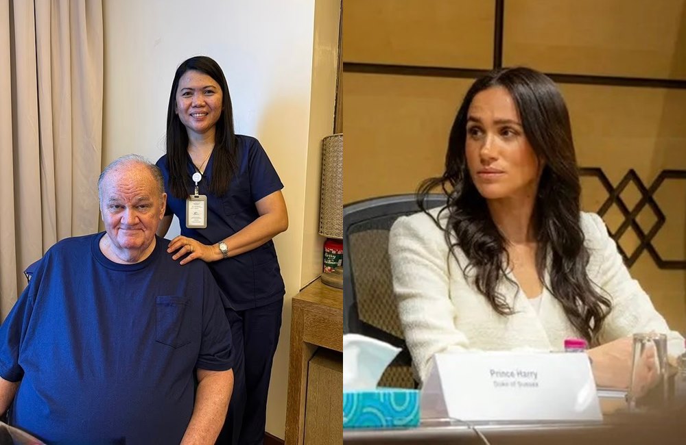 梅根的父親湯瑪斯（左圖左）在菲律賓與小35歲的護理師里歐卡內多（左圖右）相戀。（翻攝X@HouseOfVanity88、Lillian Glass臉書）