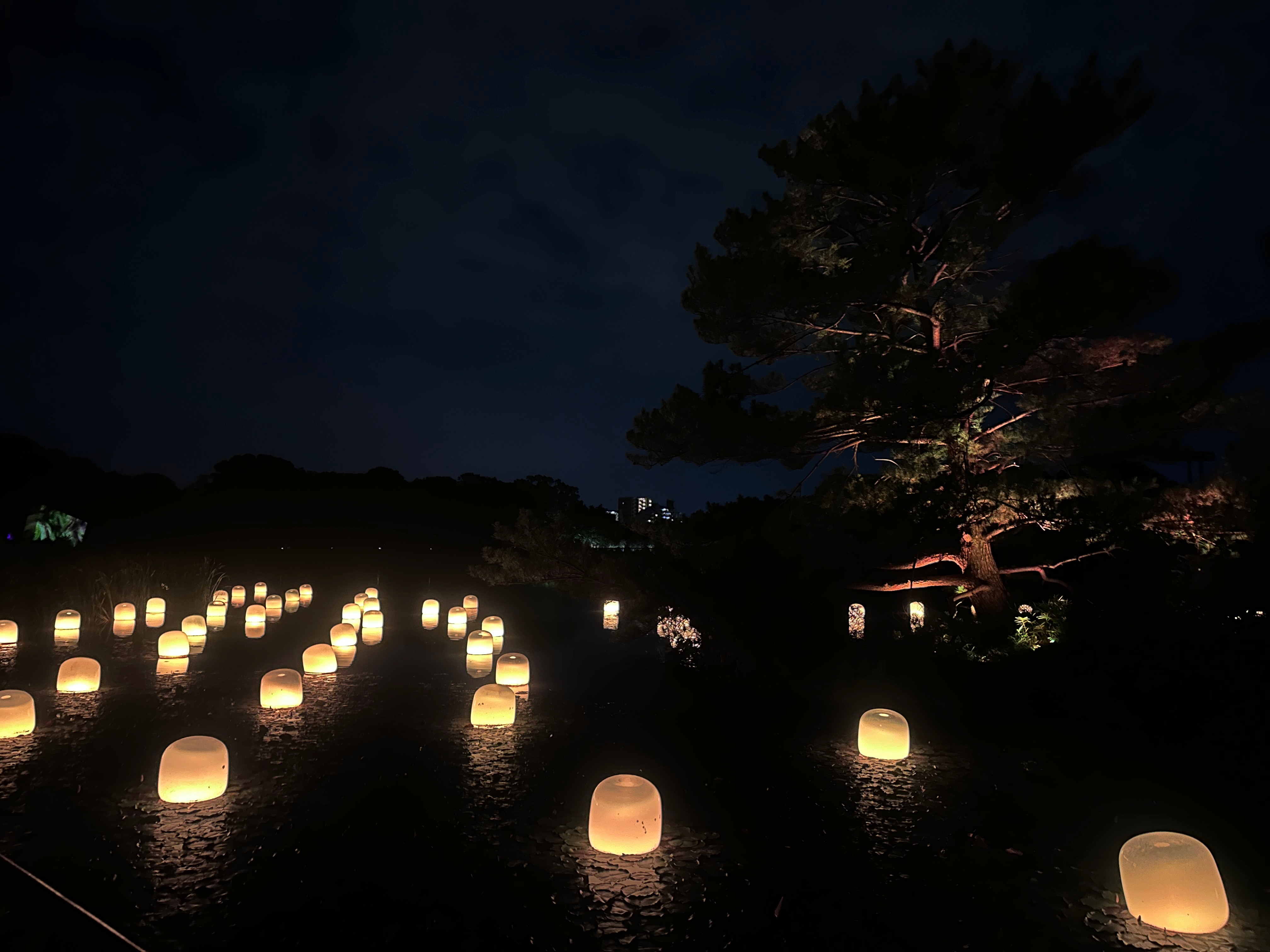 「火 / Floating Resonating Lamps on Oike Lake」水面上的燈各自自主地漂浮著。