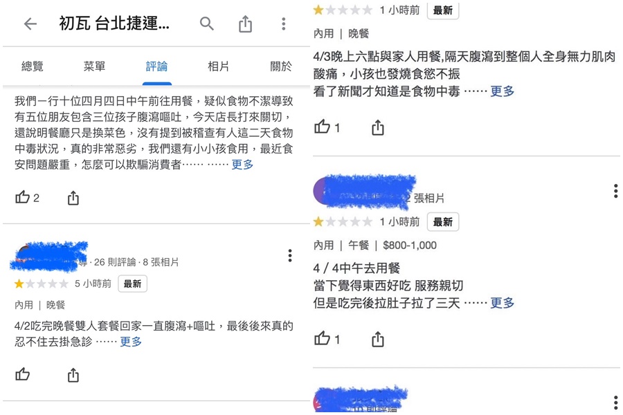 王品集團旗下餐飲「初瓦」和「嚮辣」傳出疑似食物中毒，已有用餐後曾出現不適的消費者，到2間店的Google Map留下1星負評。（翻攝自Google Map）